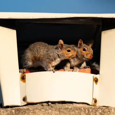 Two squirrel in a nest made in an abandoned chimney