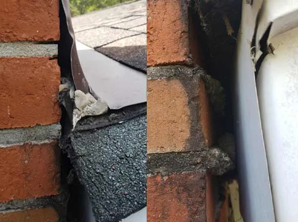 Centerville bat removal service page photo of a gap in sheet metal fascia that bats can use to enter an attic.